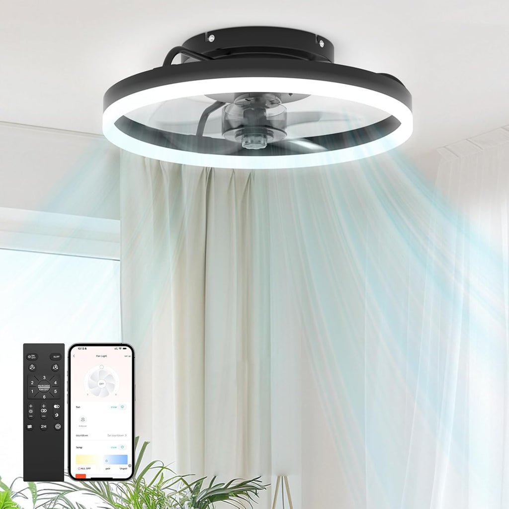 Ceiling Fans with Lights and Remote, Low Profile Ceiling Fan, Modern Flush Mount LED Fan Light, 6 Wind Speeds Fandelier Ceiling Fan with Light for Bedroom, 3000-6500K Dimmable (15.7" Graphite)