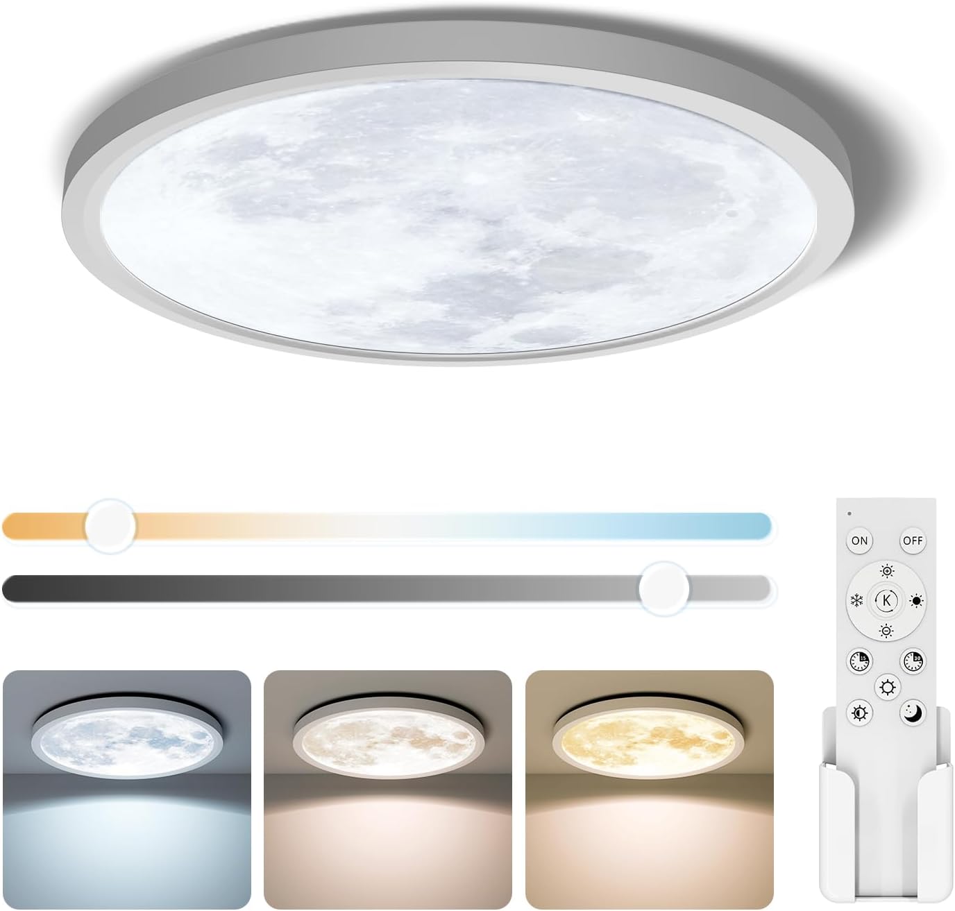 12 inch LED Flush Mount Ceiling Light,Unique Moon Design Morden LED Ceiling Lights,28W 2800LM Remote Control 3000K-6500K Adjustable Ultra Thin for Living Room Bedroom Hallway