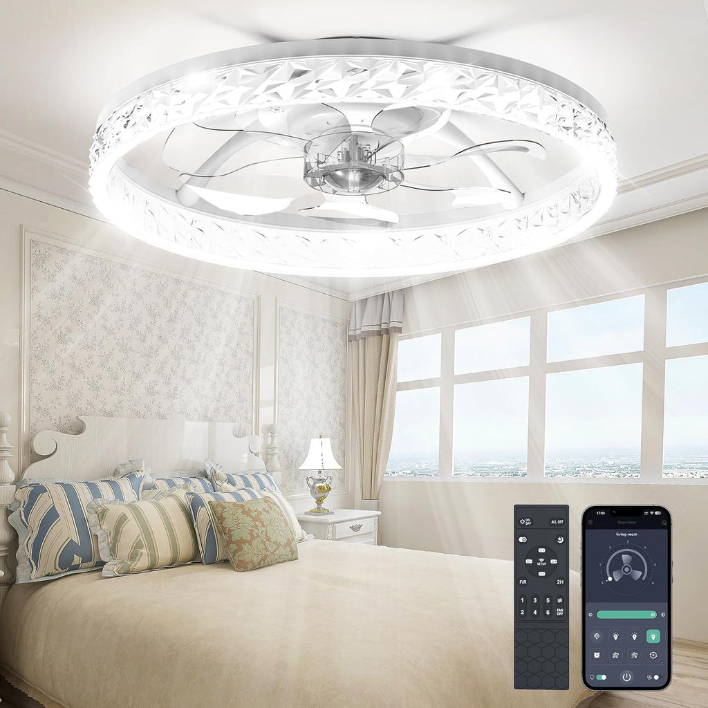 Ceiling Fans with Lights and Remote, Crystal-Edged Modern Flush Mount LED Fan Light, 6 Wind Speeds Low Profile Fandelier Ceiling Fan with Light for Bedroom, 3000-6500K Dimmable (20" White)