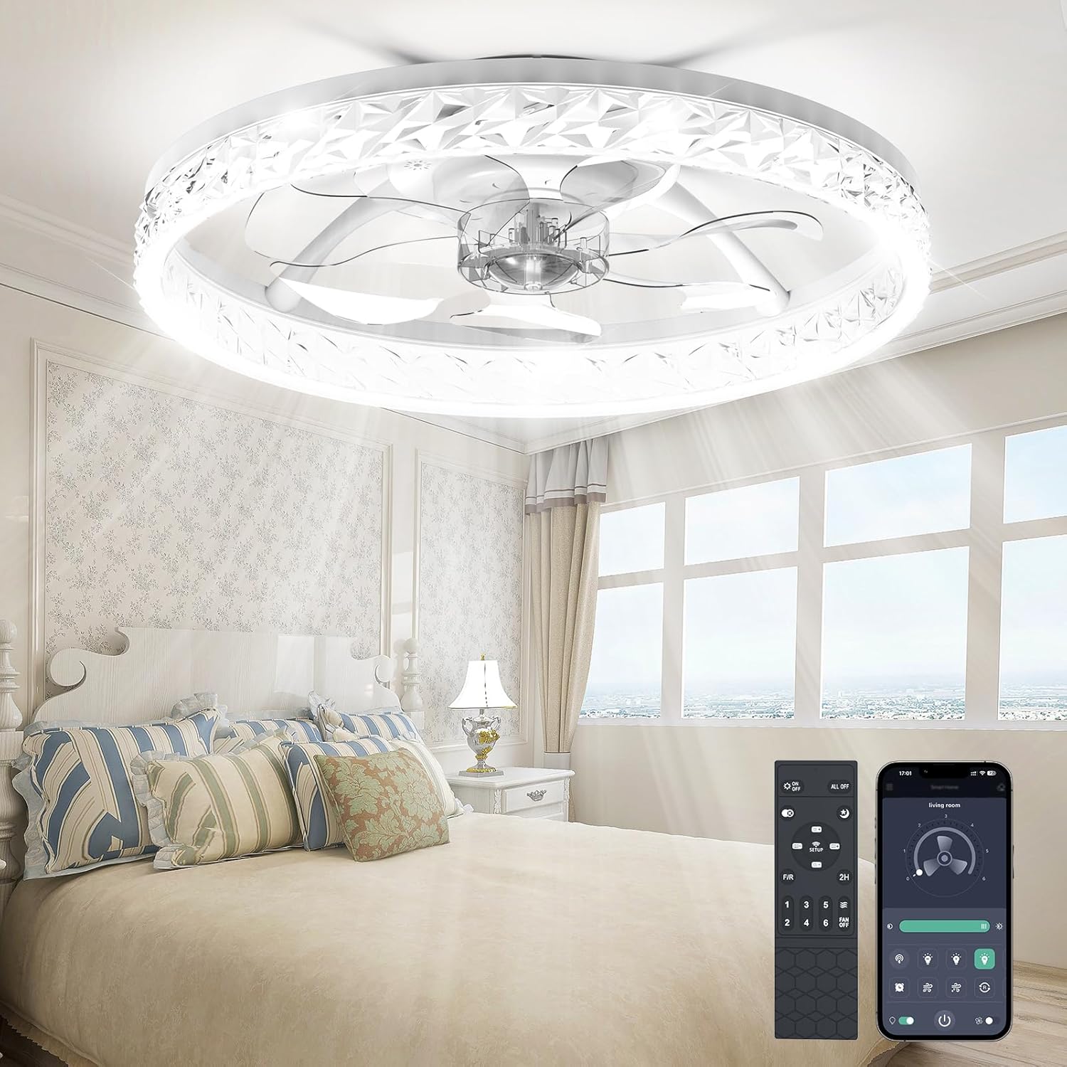 Ceiling Fans with Lights and Remote, Crystal-Edged Modern Flush Mount LED Fan Light, 6 Wind Speeds Low Profile Fandelier Ceiling Fan with Light for Bedroom, 3000-6500K Dimmable (20" White)