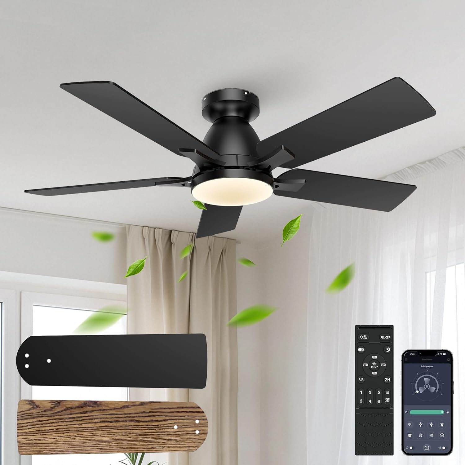 42 Inch Ceiling Fans with Lights and Remote Control, 6-Speed Quiet DC Motor, Reversible Blades, Dimmable LED Light (3CCT Adjustable), Modern Design for Bedroom, Living Room, Indoor Use - Black