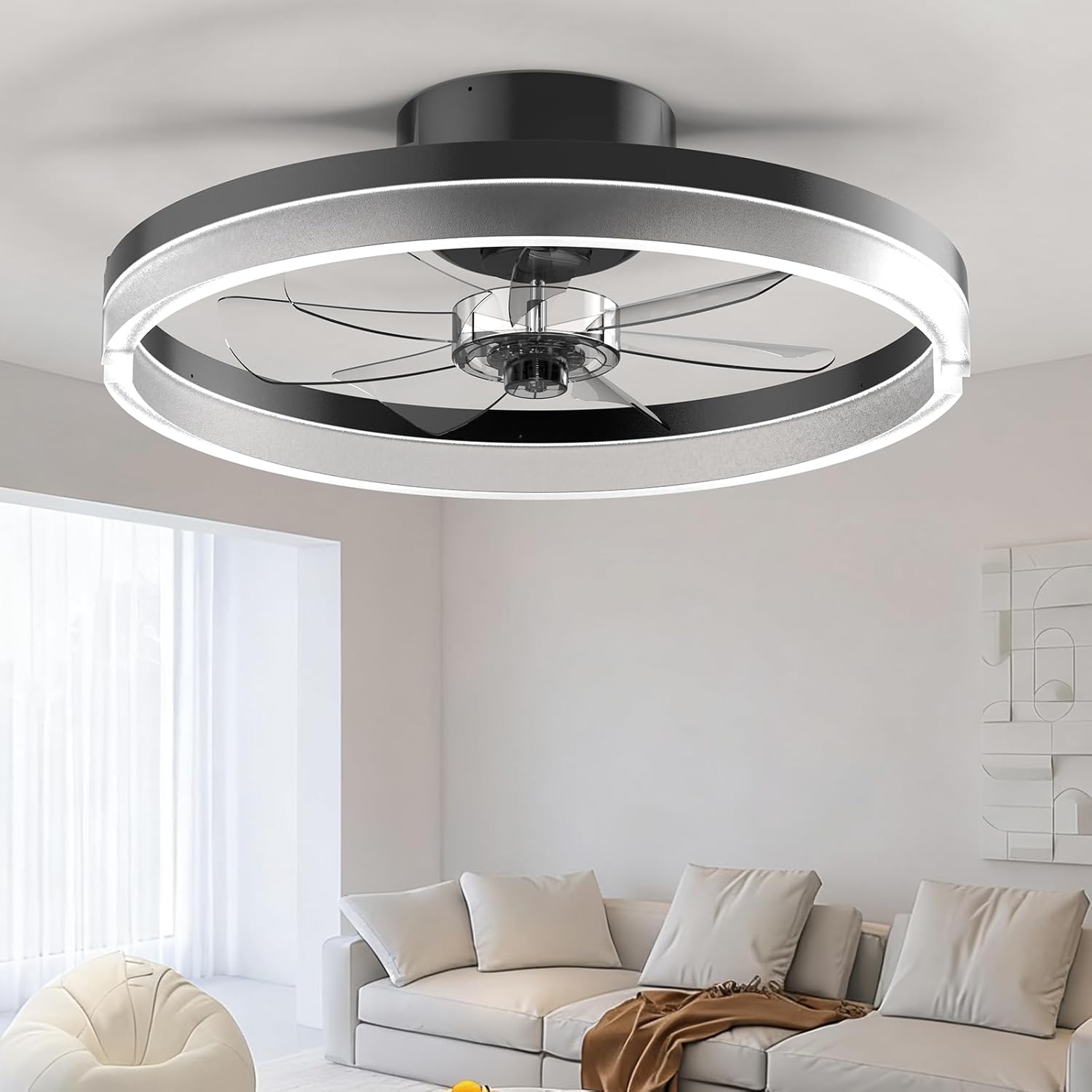 Ceiling Fans with Lights and Remote Low Profile Flush Mount LED Ceiling Fan with Lights 3000K-6500K Dimmable Foldable Fandelier Light 6 Wind Speeds Night Light for Bedroom Living Room Black (Frosted)