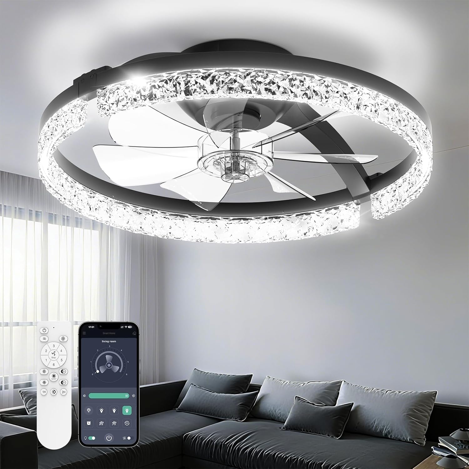 Ceiling Fans with Lights and Remote Low Profile Flush Mount LED Ceiling Fan with Lights 3000K-6500K Dimmable Foldable Fandelier Light 6 Wind Speeds Night Light for Bedroom Living Room Black