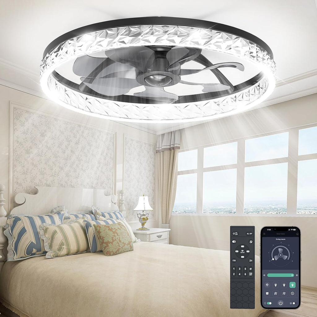 Ceiling Fans with Lights and Remote, Crystal-Edged Modern Flush Mount LED Fan Light, 6 Wind Speeds Low Profile Fandelier Ceiling Fan with Light for Bedroom, 3000-6500K Dimmable (20" Black)