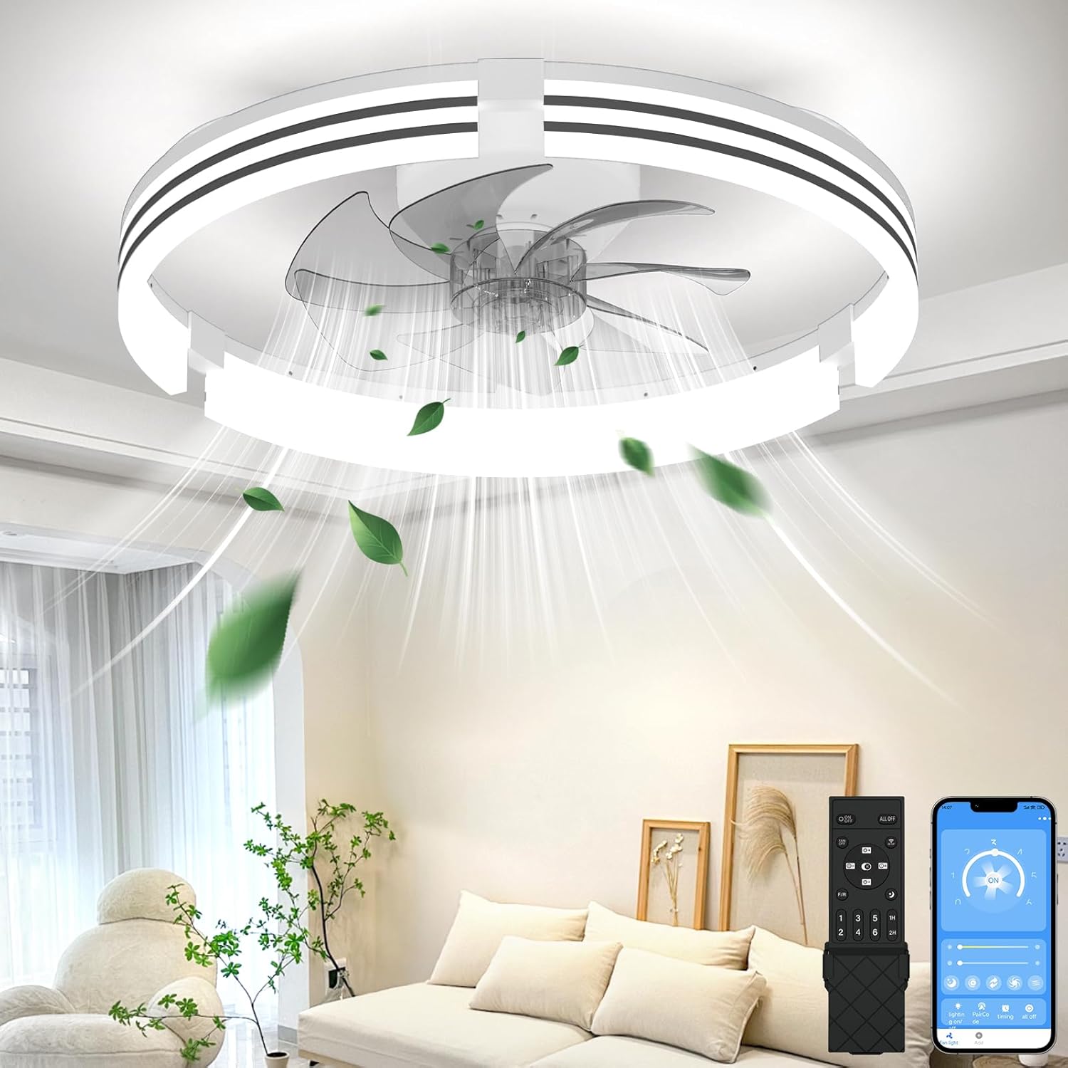 Ceiling Fans with Lights and Remote, 19.7" White Low Profile Ceiling Fan, Modern Flush Mount LED Fan Light, 6 Wind Speeds Fandelier Ceiling Fan with Light for Bedroom, 3000-6500K Dimmable