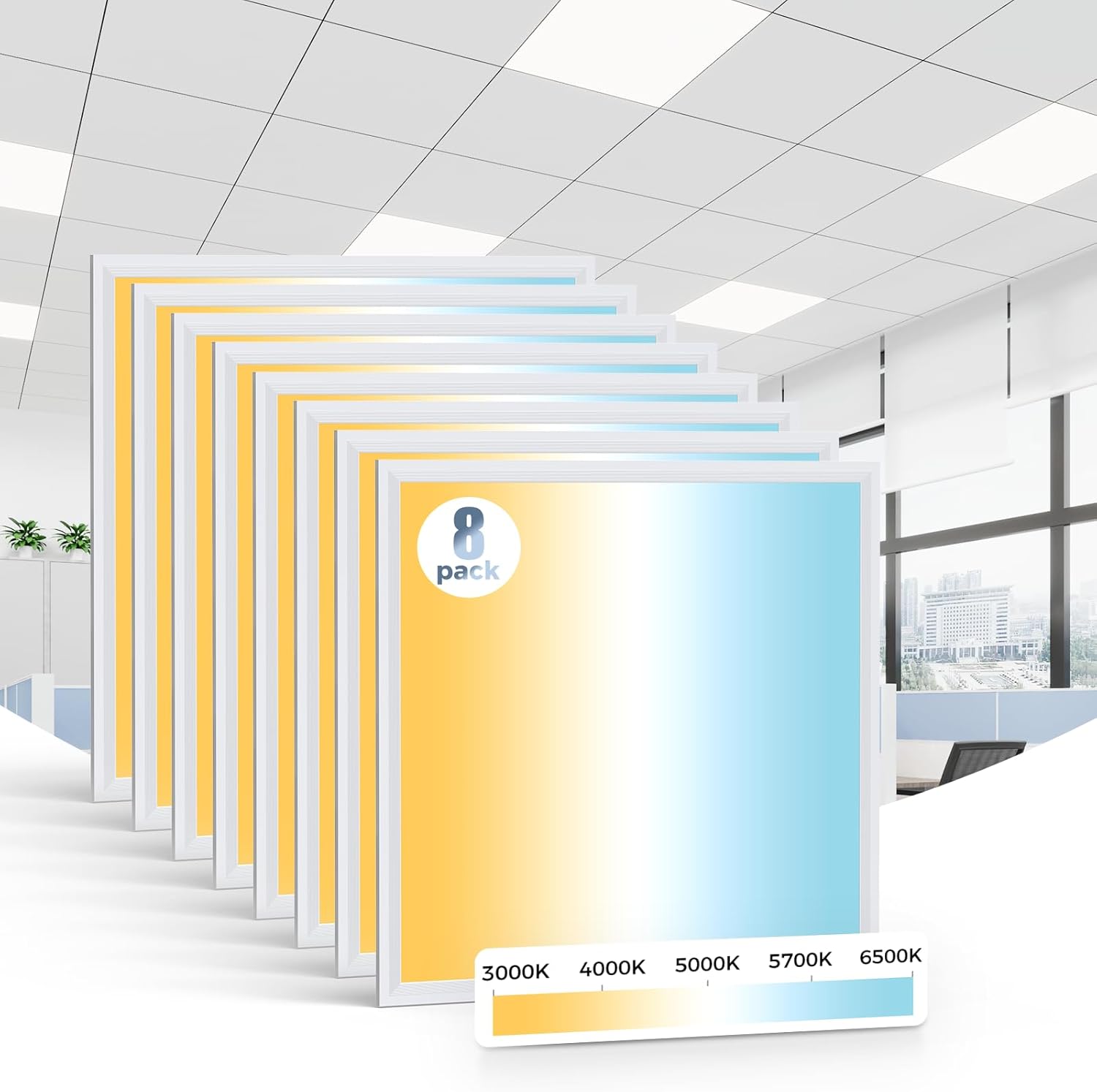8 Pack 2x2 LED Flat Panel Light, 5CCT Selectable 3000/4000/5000/5700/6500K, 30/35/40/45/50W 5500Lm 0-10V Dimmable 2x2FT LED Troffer Light Drop Ceiling for Commercial Office