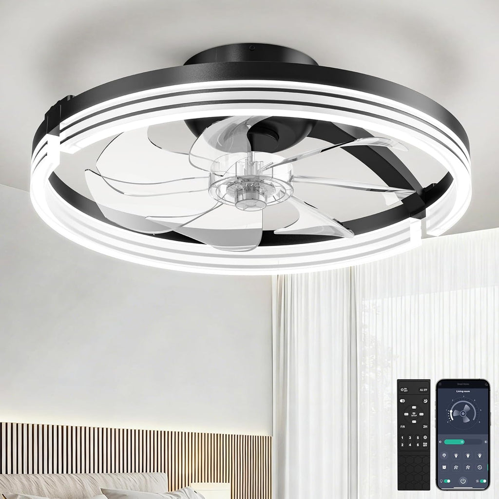 Ceiling Fans with Lights and Remote Low Profile Flush Mount LED Ceiling Fan with Lights 3000K-6500K Dimmable Foldable Fandelier Light 6 Wind Speeds Night Light for Bedroom Living Room Black (Striped)