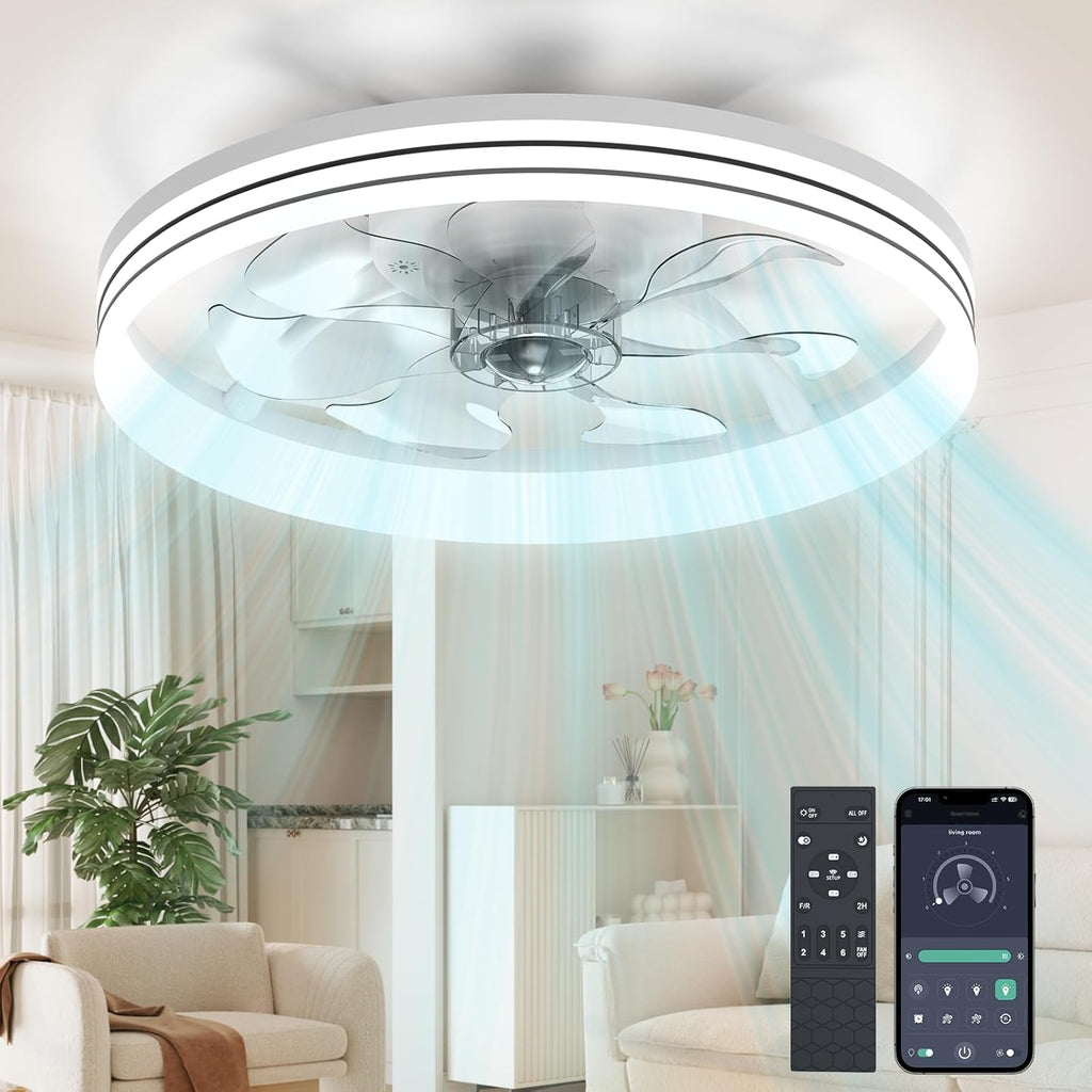 Ceiling Fans with Lights and Remote, 20" White Low Profile Ceiling Fan, Modern Flush Mount LED Fan Light, 6 Wind Speeds Fandelier Ceiling Fan with Light for Bedroom, 3000-6500K Dimmable