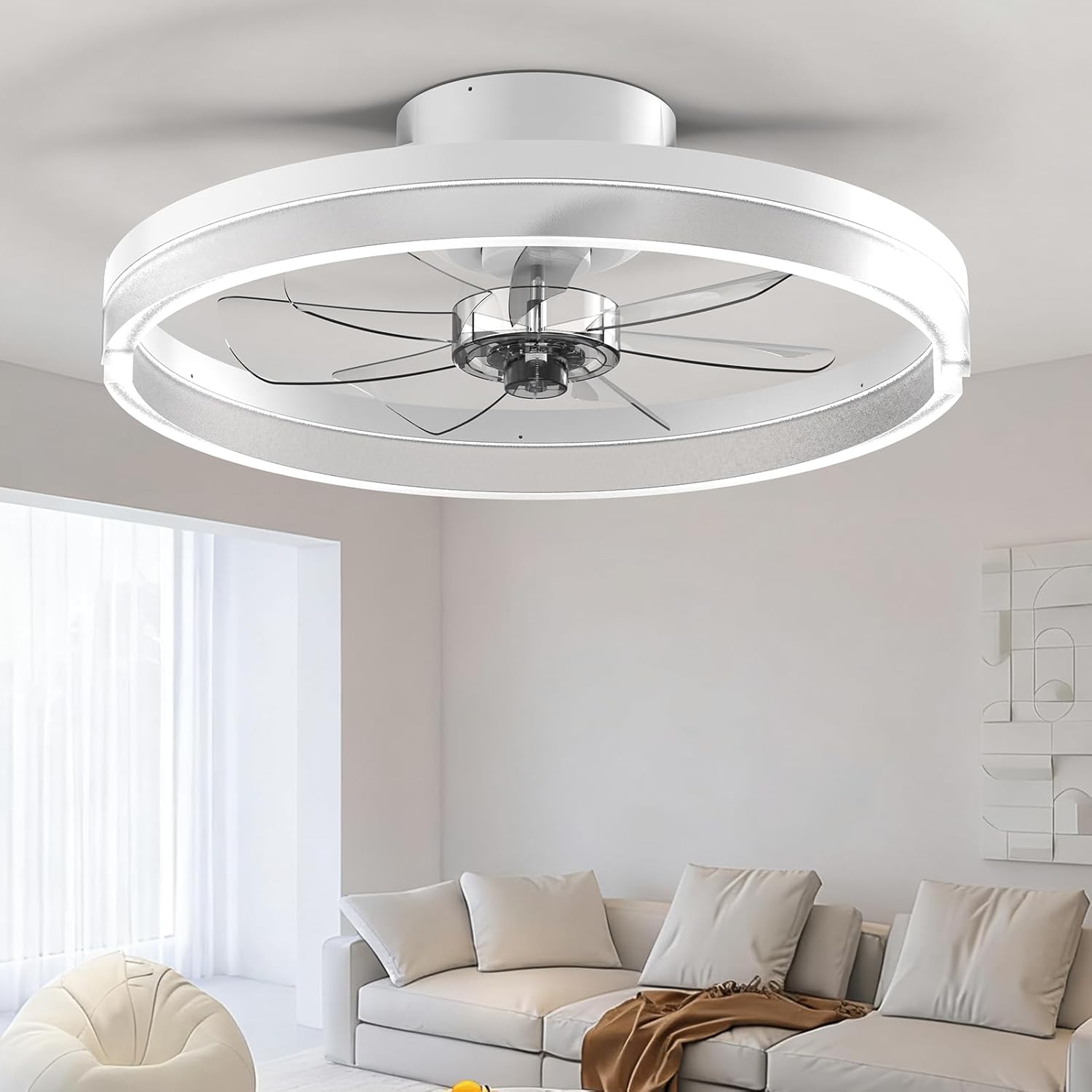 Ceiling Fans with Lights and Remote Low Profile Flush Mount LED Ceiling Fan with Lights 3000K-6500K Dimmable Foldable Fandelier Light 6 Wind Speeds Night Light for Bedroom Living Room White (Frosted)