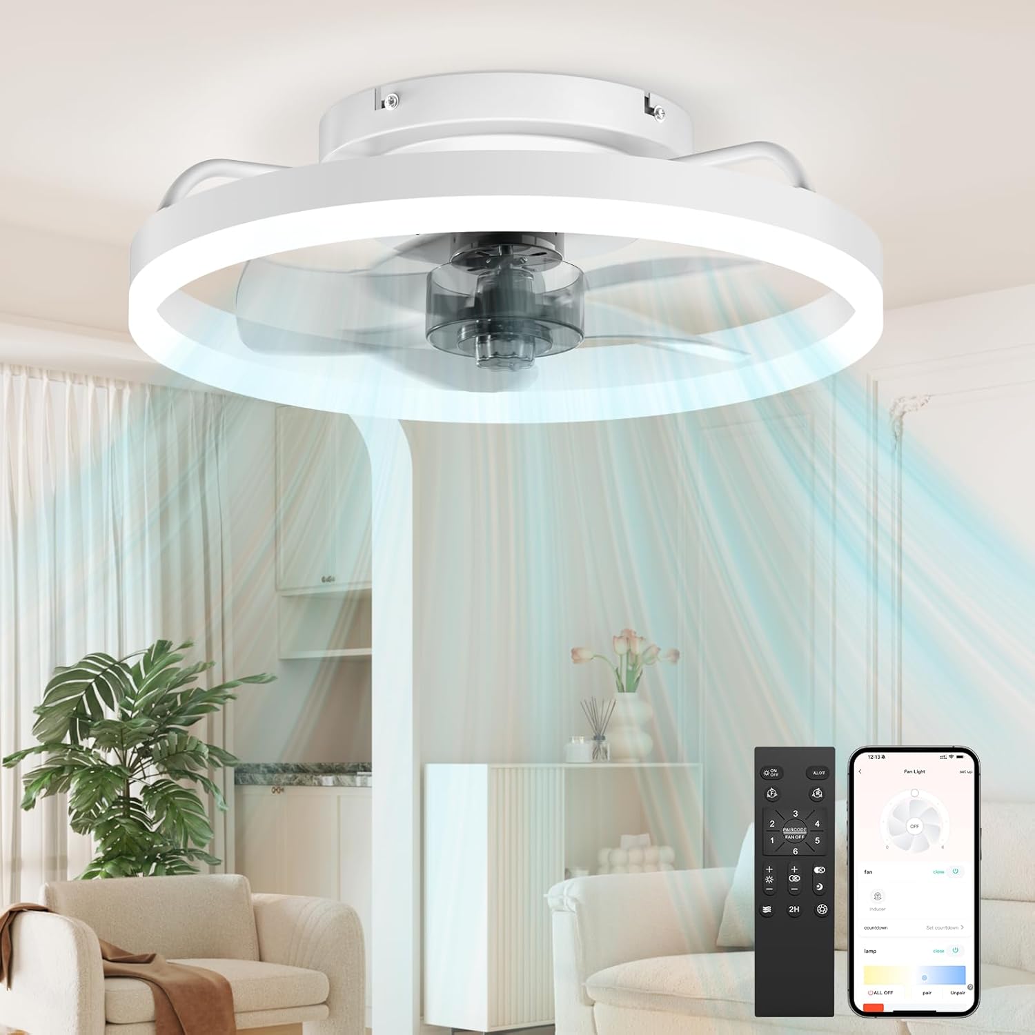 Ceiling Fans with Lights and Remote, 15.7" White Low Profile Ceiling Fan, Modern Flush Mount LED Fan Light, 6 Wind Speeds Fandelier Ceiling Fan with Light for Bedroom, 3000-6500K Dimmable