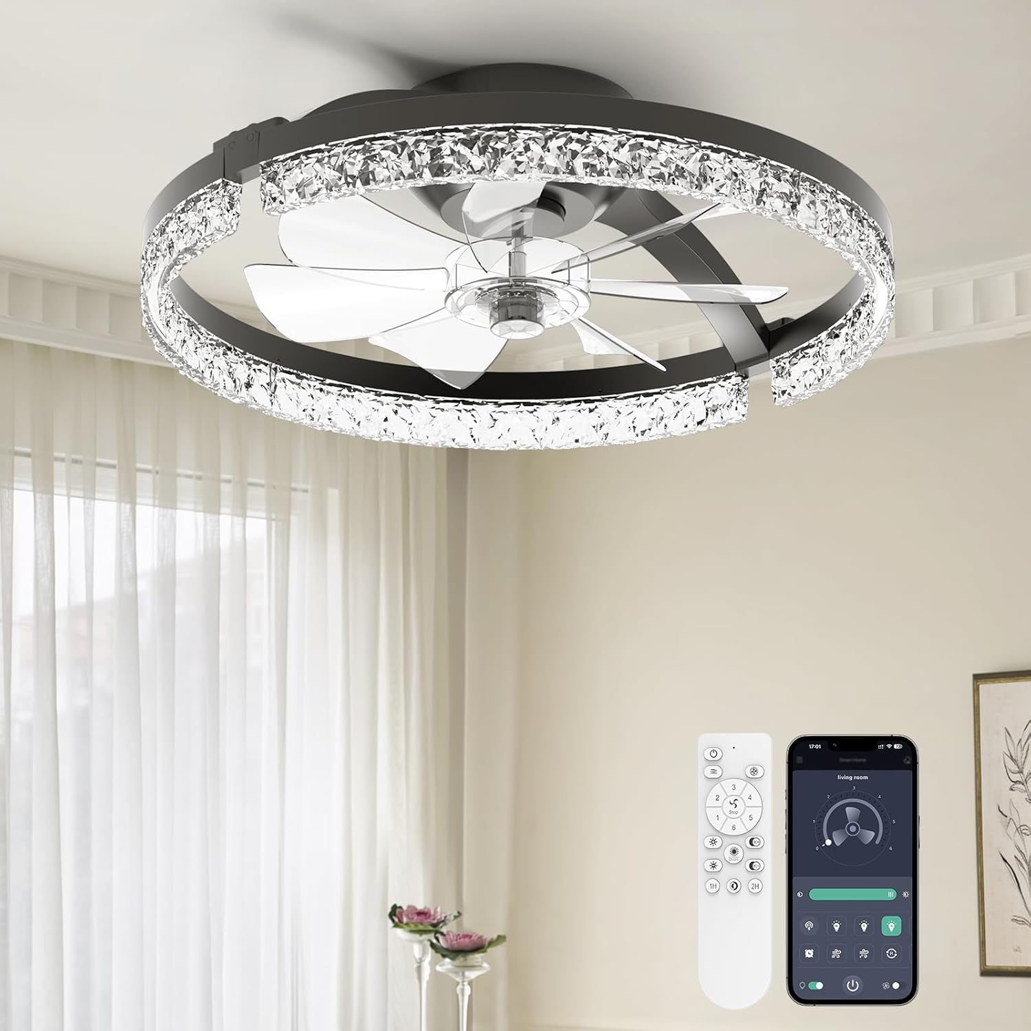 LED Ceiling Fans Foldable with Lights and Remote Flush Mount Ceiling Fan 3000-6500K Dimmable 6 Wind Speeds for Home Bedroom Kitchen Garage Shop Black-Crystal