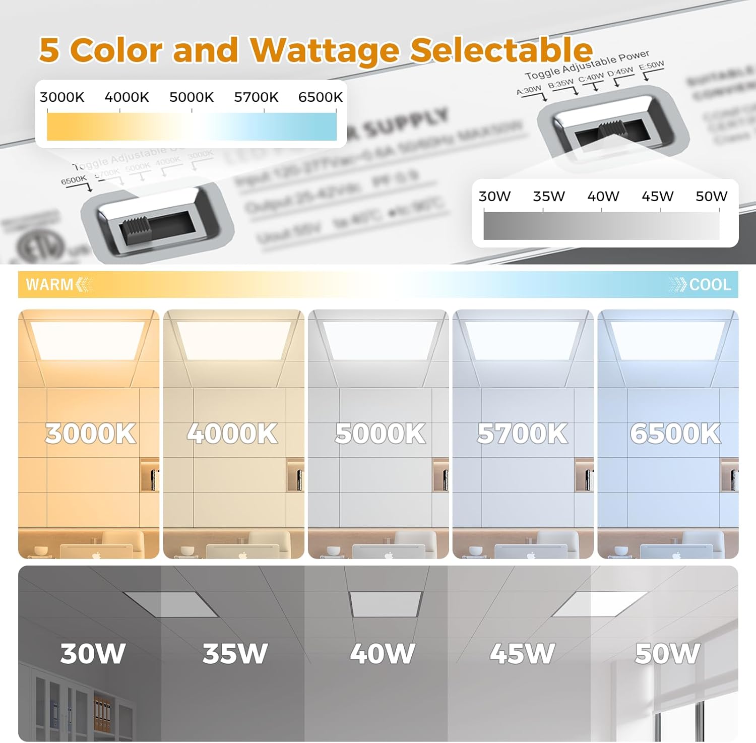 1 Pack 2x2 LED Flat Panel Light, Dimmable Office Kitchen Flush Mount Ceiling Light Panel,Bright 6500LM,Dimmable,Selectable Features, 3000K/4000K/5000K/5700K/6500K, 30W/35W/40W/45W/50W