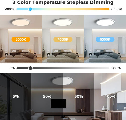 12in Flush Mount Ceiling Light with Remote Control,3CCT 3000-6500K Dimmable,Round Ultra-Thin Plafonnier with Smart App Control,24W 2400LM Ceiling Light for Bedroom/Living Room/Bathroom