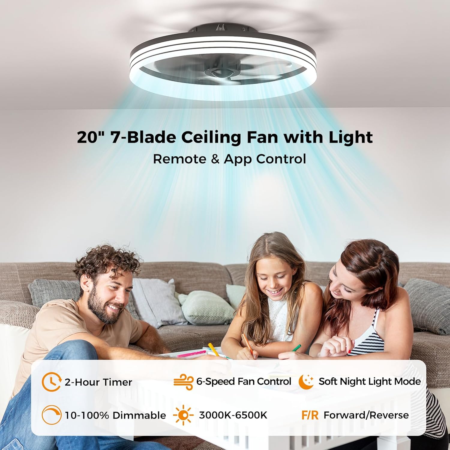 Ceiling Fans with Lights and Remote, 20" Black Low Profile Ceiling Fan, Modern Flush Mount LED Fan Light, 6 Wind Speeds Fandelier Ceiling Fan with Light for Bedroom, 3000-6500K Dimmable