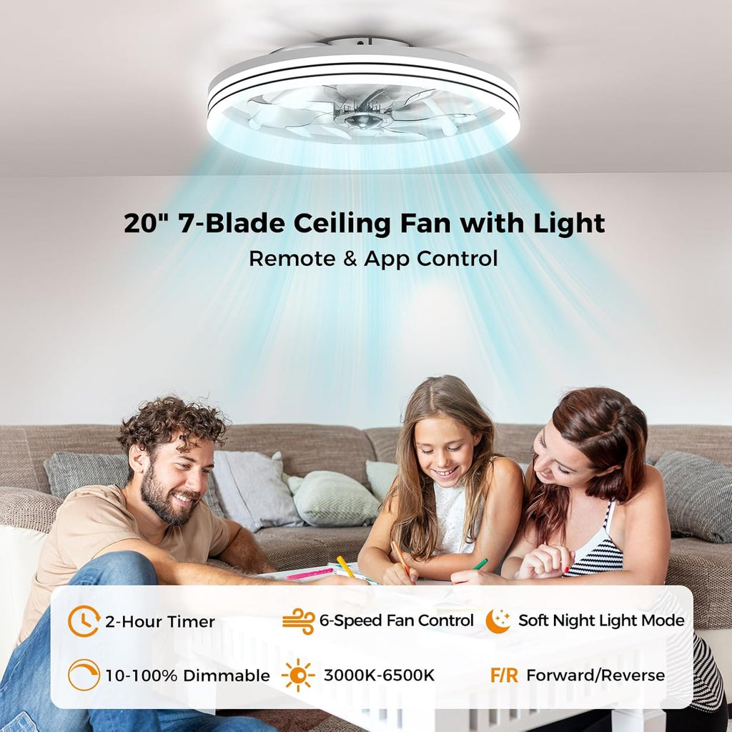 Ceiling Fans with Lights and Remote, 20" White Low Profile Ceiling Fan, Modern Flush Mount LED Fan Light, 6 Wind Speeds Fandelier Ceiling Fan with Light for Bedroom, 3000-6500K Dimmable
