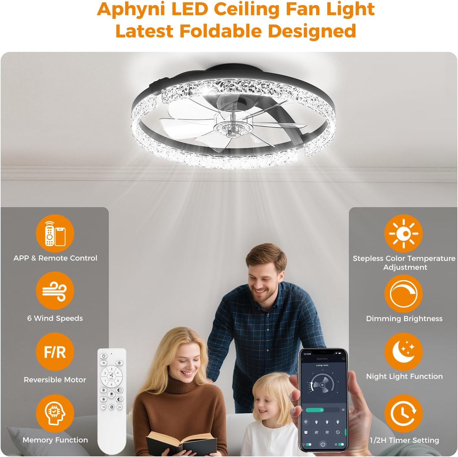 Ceiling Fans with Lights and Remote Low Profile Flush Mount LED Ceiling Fan with Lights 3000K-6500K Dimmable Foldable Fandelier Light 6 Wind Speeds Night Light for Bedroom Living Room Black