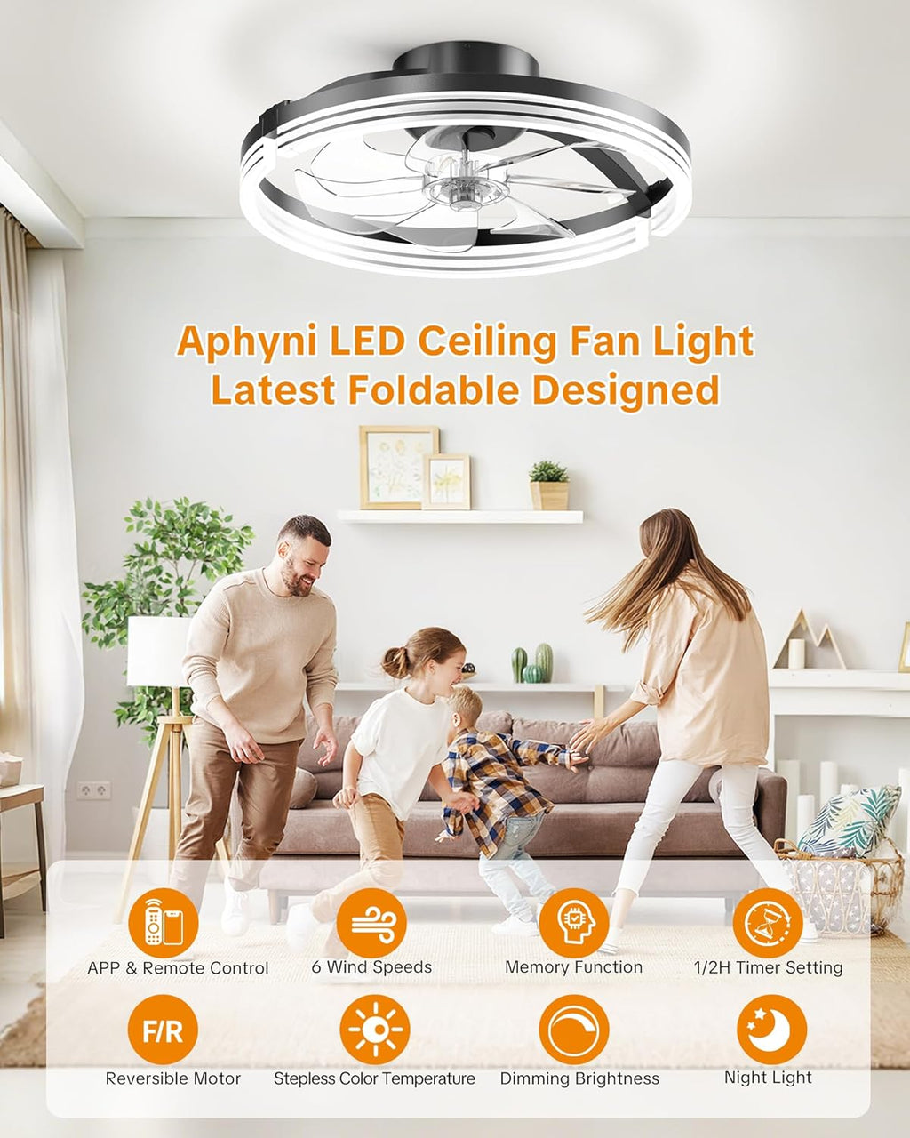 Ceiling Fans with Lights and Remote Low Profile Flush Mount LED Ceiling Fan with Lights 3000K-6500K Dimmable Foldable Fandelier Light 6 Wind Speeds Night Light for Bedroom Living Room Black (Striped)