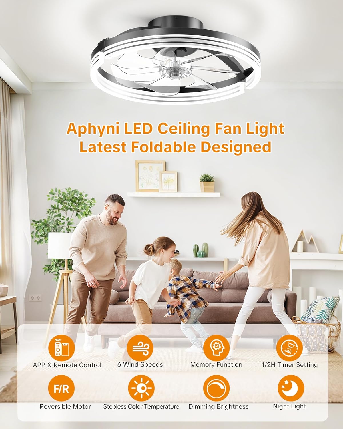 Ceiling Fans with Lights and Remote Low Profile Flush Mount LED Ceiling Fan with Lights 3000K-6500K Dimmable Foldable Fandelier Light 6 Wind Speeds Night Light for Bedroom Living Room Black (Striped)