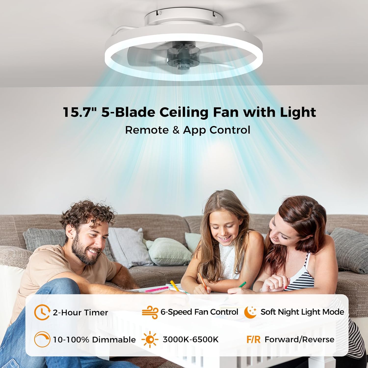 Ceiling Fans with Lights and Remote, 15.7" White Low Profile Ceiling Fan, Modern Flush Mount LED Fan Light, 6 Wind Speeds Fandelier Ceiling Fan with Light for Bedroom, 3000-6500K Dimmable