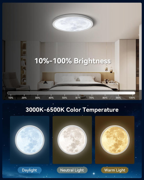 12 inch LED Flush Mount Ceiling Light,Unique Moon Design Morden LED Ceiling Lights,28W 2800LM Remote Control 3000K-6500K Adjustable Ultra Thin for Living Room Bedroom Hallway