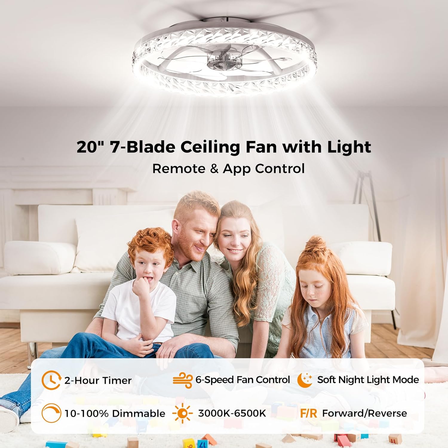 Ceiling Fans with Lights and Remote, Crystal-Edged Modern Flush Mount LED Fan Light, 6 Wind Speeds Low Profile Fandelier Ceiling Fan with Light for Bedroom, 3000-6500K Dimmable (20" White)