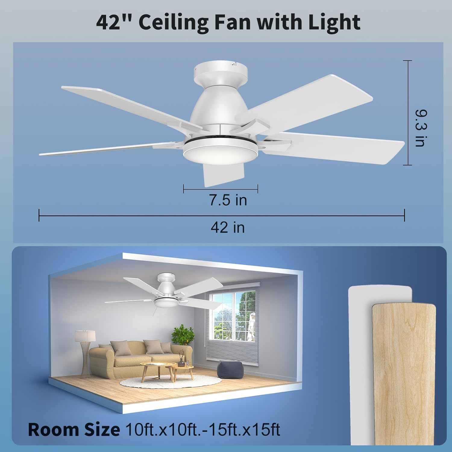 42 Inch Ceiling Fans with Lights and Remote Control, 6-Speed Quiet DC Motor, Reversible Blades, Dimmable LED Light (3CCT Adjustable), Modern Design for Bedroom, Living Room, Indoor Use - White
