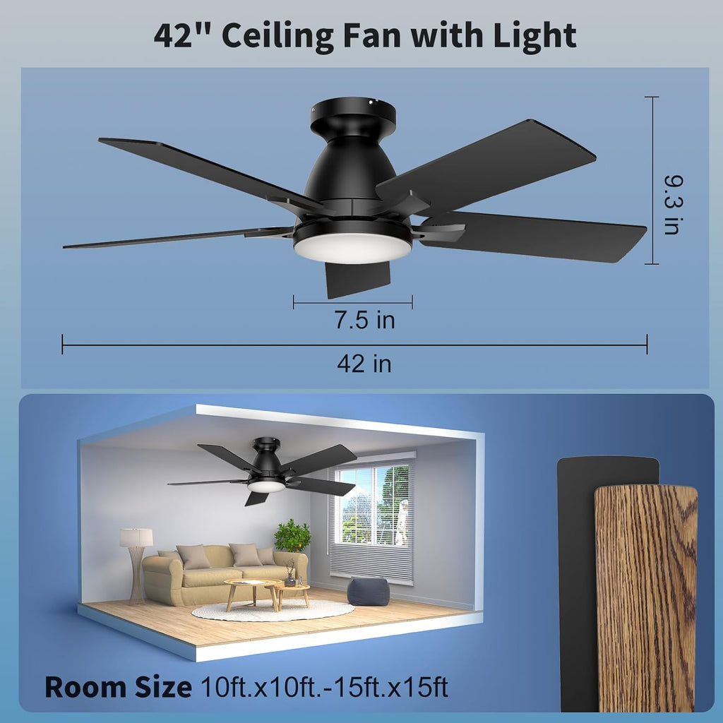 42 Inch Ceiling Fans with Lights and Remote Control, 6-Speed Quiet DC Motor, Reversible Blades, Dimmable LED Light (3CCT Adjustable), Modern Design for Bedroom, Living Room, Indoor Use - Black
