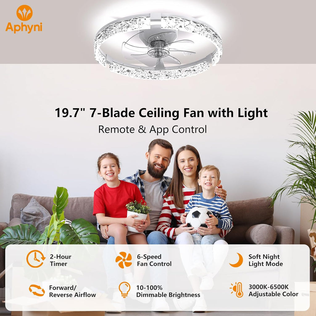 Ceiling Fans with Lights and Remote, Crystal-Edged Modern Flush Mount LED Fan Light, 6 Wind Speeds Low Profile Fandelier Ceiling Fan with Light for Bedroom, 3000-6500K Dimmable (19.7" White)