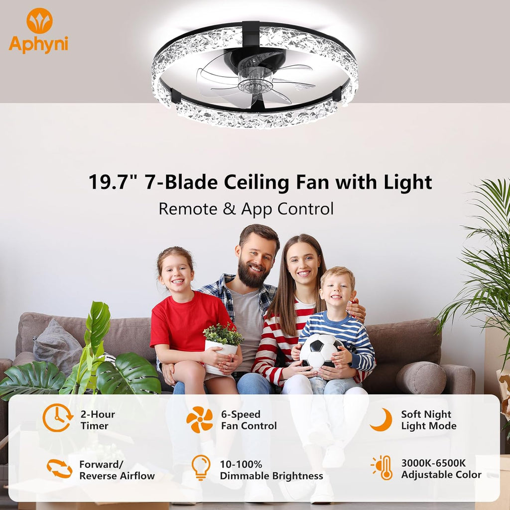 Ceiling Fans with Lights and Remote, Crystal-Edged Modern Flush Mount LED Fan Light, 6 Wind Speeds Low Profile Fandelier Ceiling Fan with Light for Bedroom, 3000-6500K Dimmable (19.7" Black)