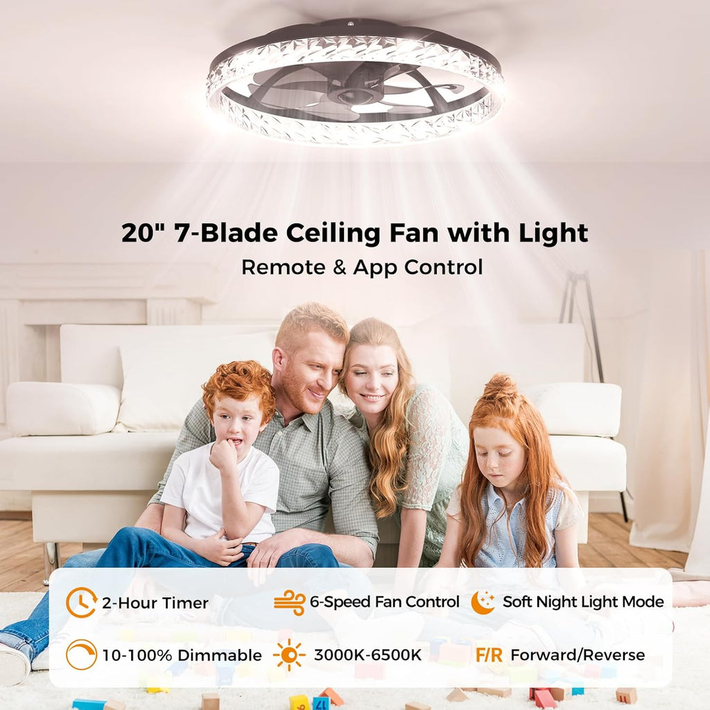 Ceiling Fans with Lights and Remote, Crystal-Edged Modern Flush Mount LED Fan Light, 6 Wind Speeds Low Profile Fandelier Ceiling Fan with Light for Bedroom, 3000-6500K Dimmable (20" Black)