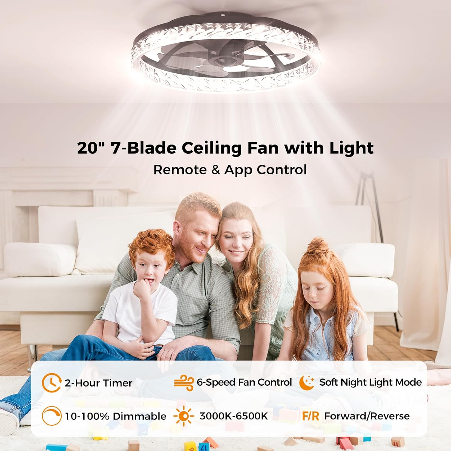 Ceiling Fans with Lights and Remote, Crystal-Edged Modern Flush Mount LED Fan Light, 6 Wind Speeds Low Profile Fandelier Ceiling Fan with Light for Bedroom, 3000-6500K Dimmable (20" Black)