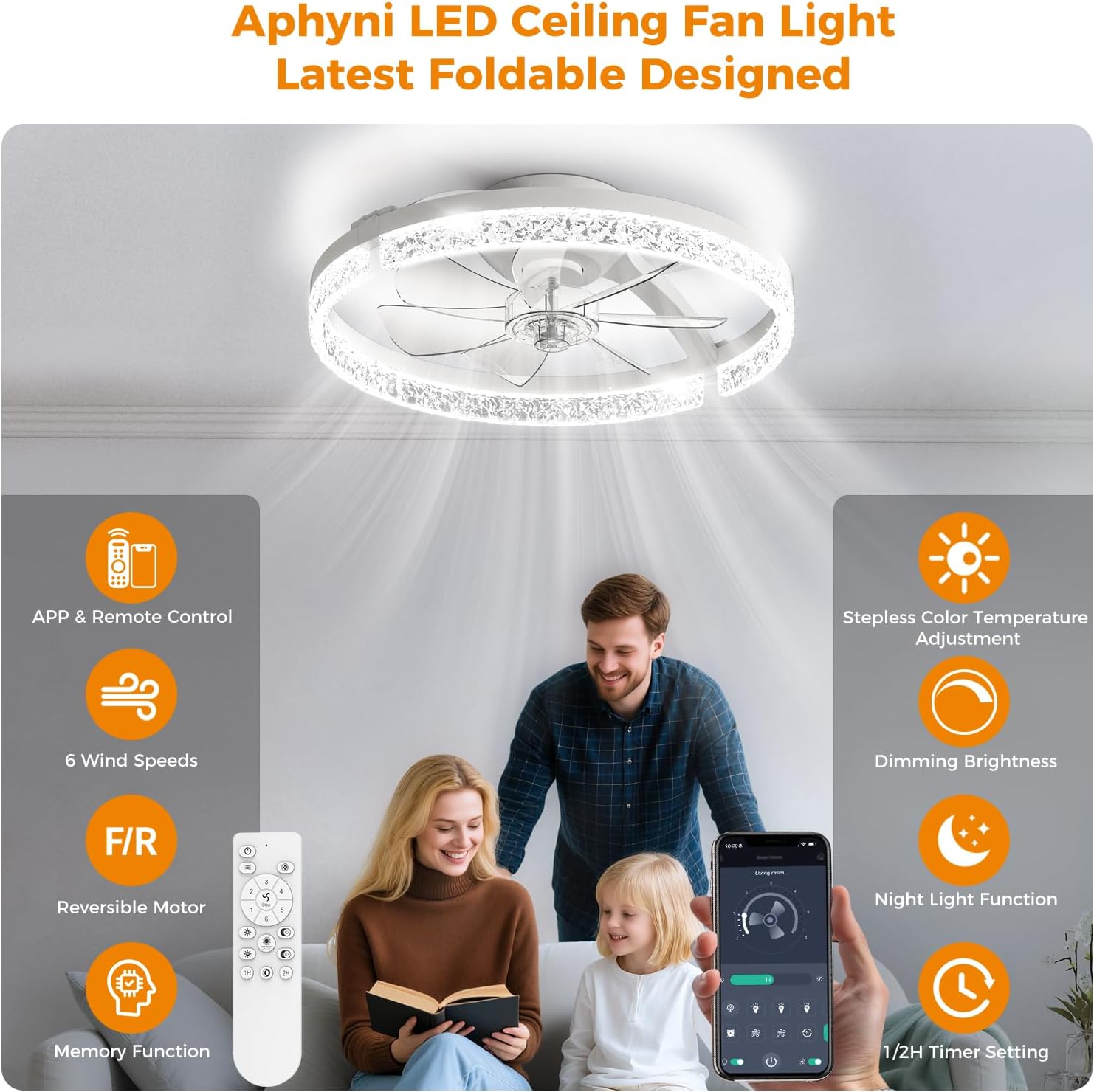 Ceiling Fans with Lights and Remote Low Profile Flush Mount LED Ceiling Fan with Lights 3000K-6500K Dimmable Foldable Fandelier Light 6 Wind Speeds Night Light for Bedroom Living Room White