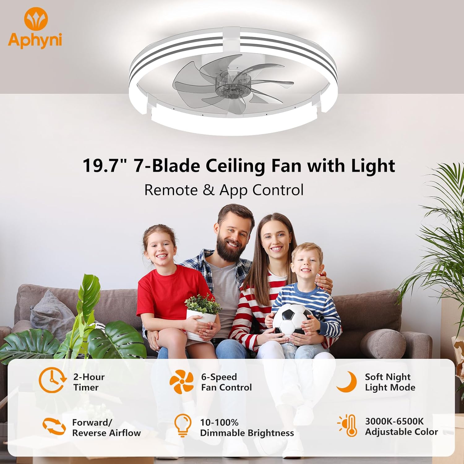 Ceiling Fans with Lights and Remote, 19.7" White Low Profile Ceiling Fan, Modern Flush Mount LED Fan Light, 6 Wind Speeds Fandelier Ceiling Fan with Light for Bedroom, 3000-6500K Dimmable