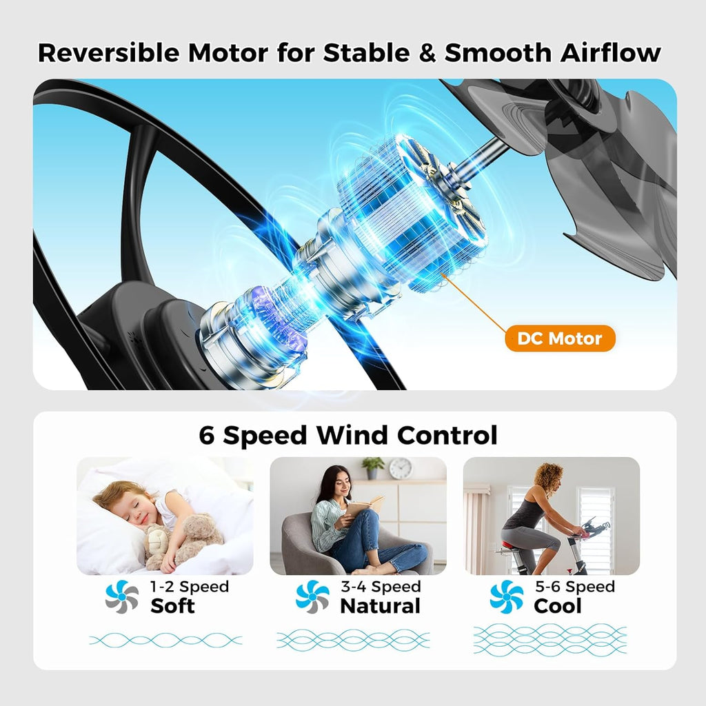 Ceiling Fans with Lights and Remote, 20" Black Low Profile Ceiling Fan, Modern Flush Mount LED Fan Light, 6 Wind Speeds Fandelier Ceiling Fan with Light for Bedroom, 3000-6500K Dimmable