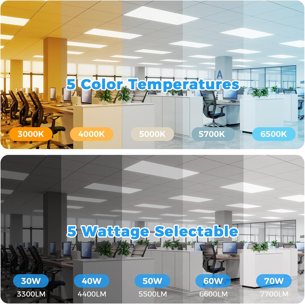 6PACK 2x4 LED Flat Panel Light, 7700 Lumens, 0-10V Dimmable, 30W/40W/50W/60W/70W Power Selectable, 3000K-6500K CCT Adjustable, 120-277V Drop Ceiling Light for Office, School, Commercial Use