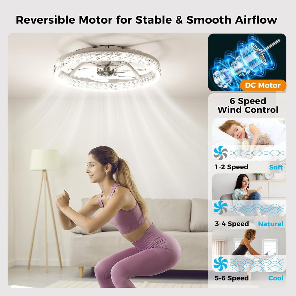 Ceiling Fans with Lights and Remote, Crystal-Edged Modern Flush Mount LED Fan Light, 6 Wind Speeds Low Profile Fandelier Ceiling Fan with Light for Bedroom, 3000-6500K Dimmable (20" White)