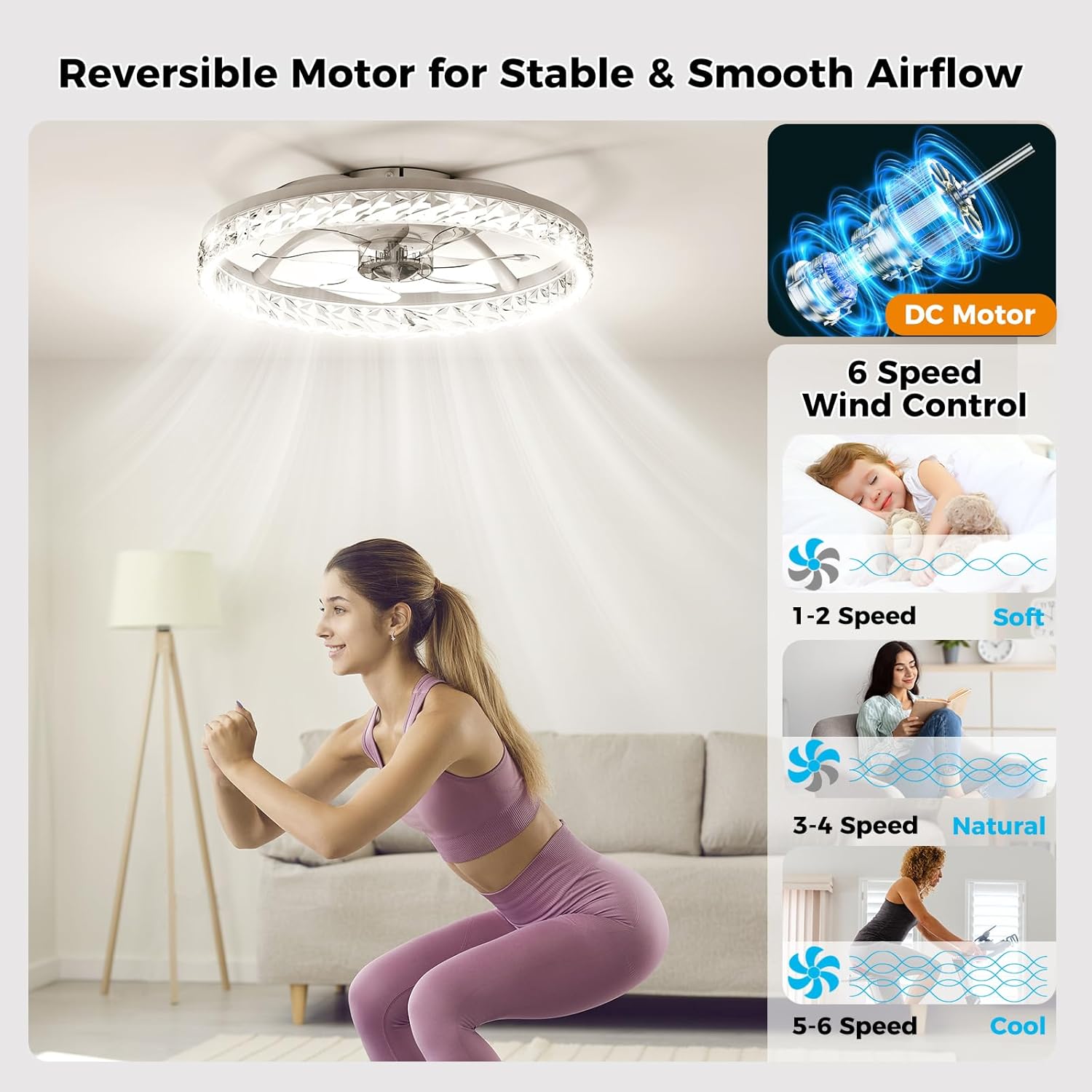 Ceiling Fans with Lights and Remote, Crystal-Edged Modern Flush Mount LED Fan Light, 6 Wind Speeds Low Profile Fandelier Ceiling Fan with Light for Bedroom, 3000-6500K Dimmable (20" White)