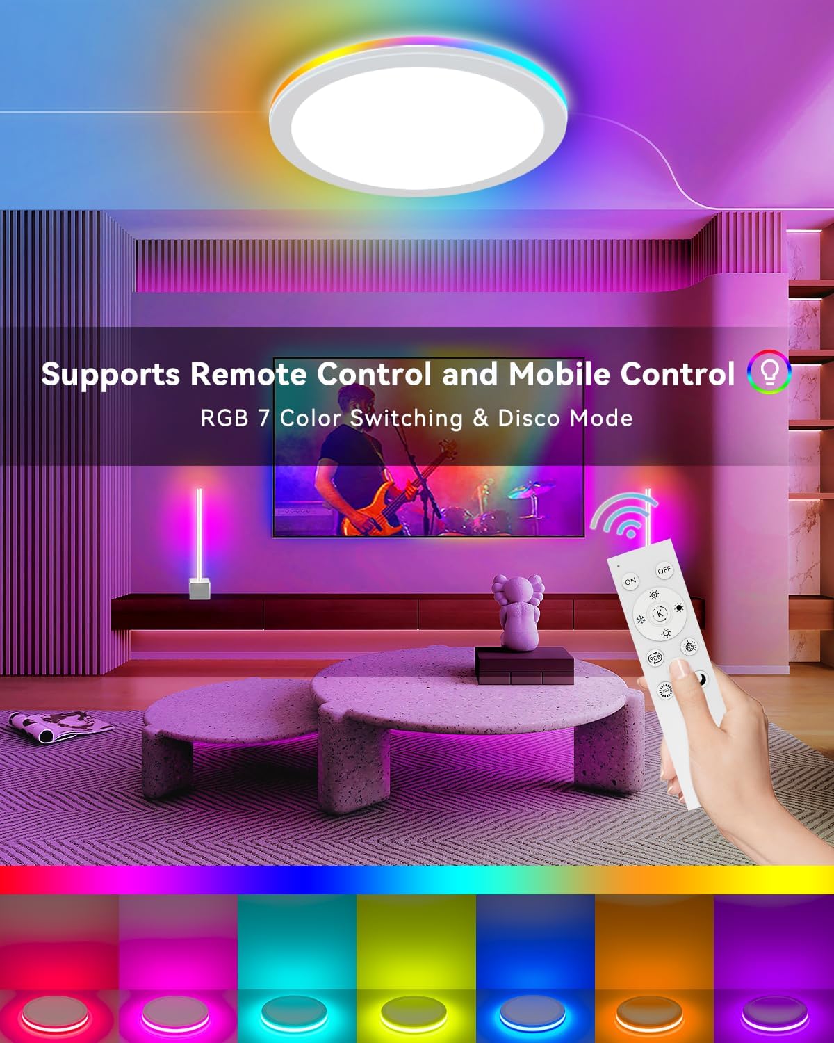 15.8inch RGB LED Ceiling Light Fixture with Remote, 36W 3600LM Flush Mount Light Fixture,DIY Colors,Disco Mode,3000K-6500K Dimmable Ceiling Lights for Bedroom,Living Room,Smart App