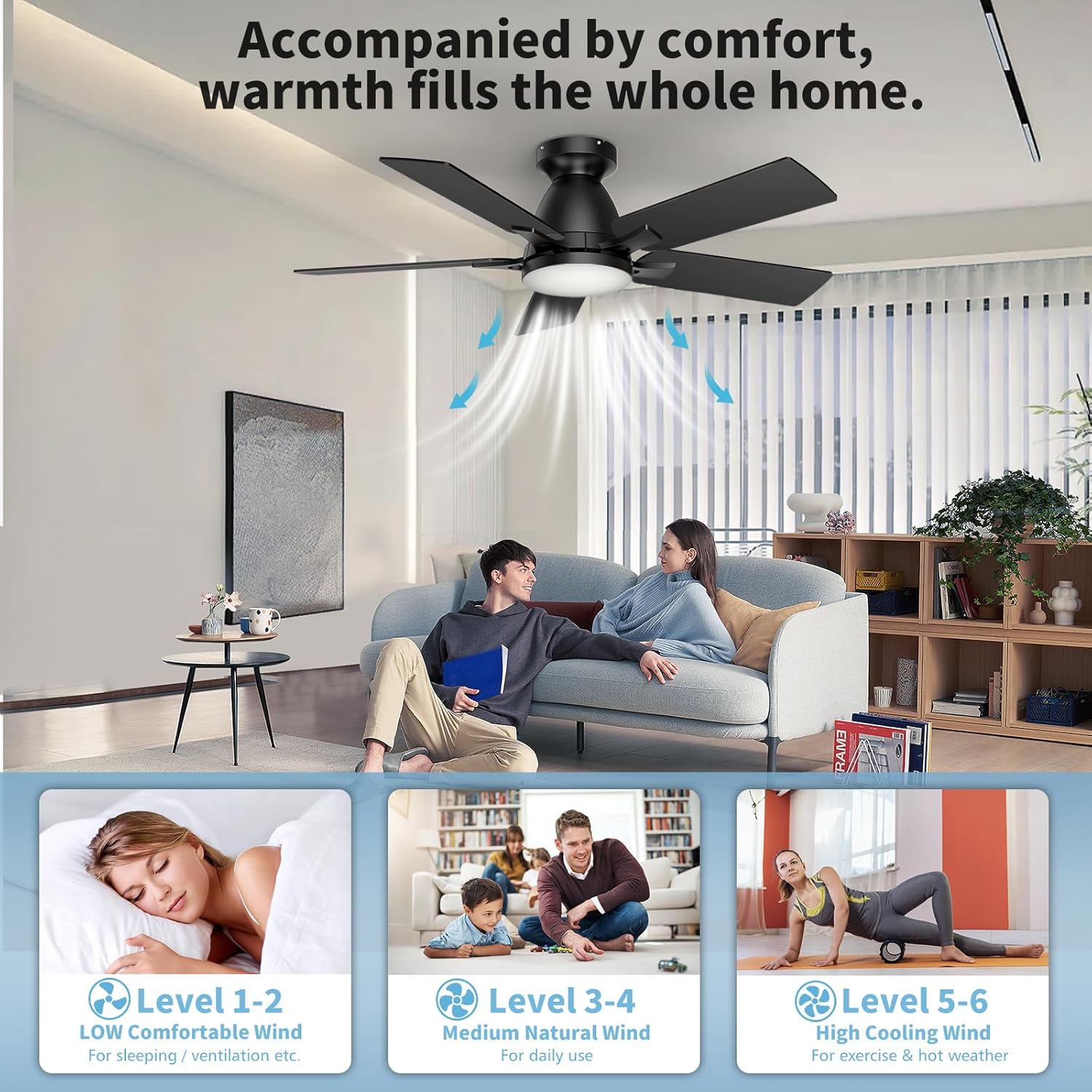 52 Inch Ceiling Fans with Lights and Remote Control, 6-Speed Quiet DC Motor, Reversible Blades, Dimmable LED Light (3CCT Adjustable), Modern Design for Bedroom, Living Room, Indoor Use - Black