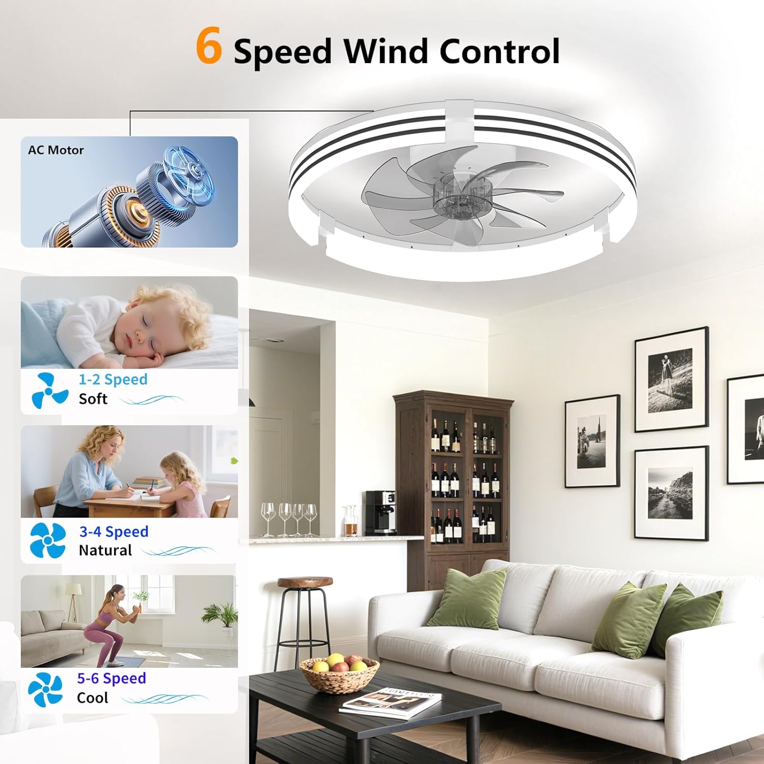 Ceiling Fans with Lights and Remote, 19.7" White Low Profile Ceiling Fan, Modern Flush Mount LED Fan Light, 6 Wind Speeds Fandelier Ceiling Fan with Light for Bedroom, 3000-6500K Dimmable