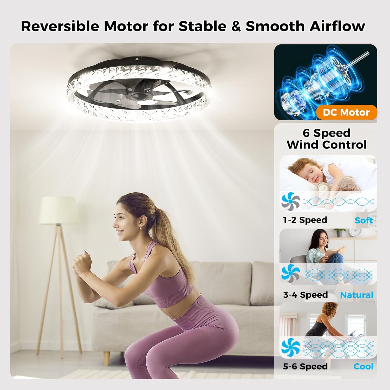 Ceiling Fans with Lights and Remote, Crystal-Edged Modern Flush Mount LED Fan Light, 6 Wind Speeds Low Profile Fandelier Ceiling Fan with Light for Bedroom, 3000-6500K Dimmable (20" Black)