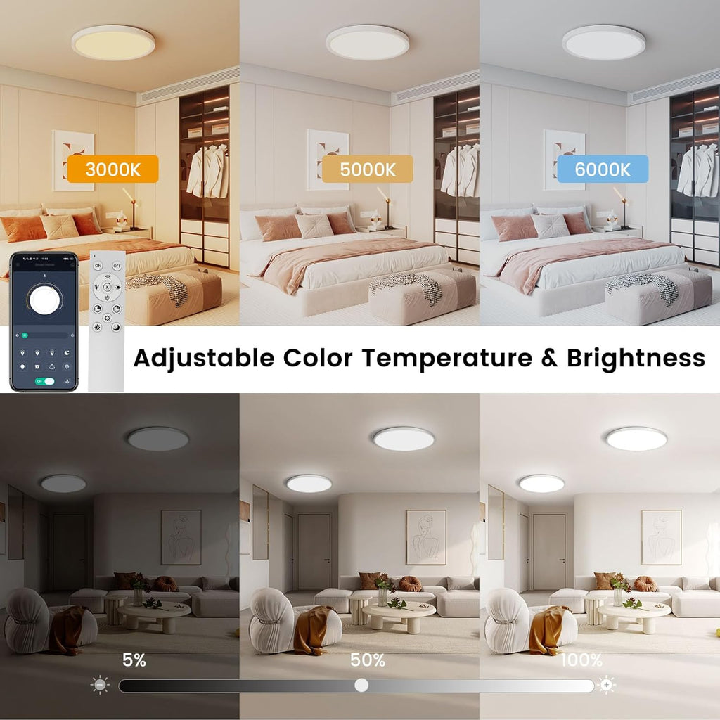 4Pack Flush Mount Ceiling Light with Nightlight 12inch,24W 2400LM Dimmable LED Ceiling Lights with Remote & APP Control,2700K-6000K Adjustable,Perfect for Bedroom/Living Room,Round White