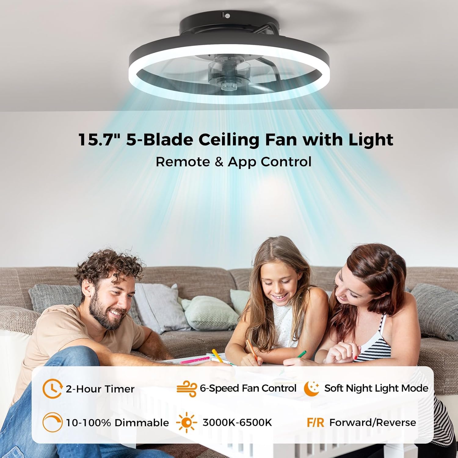 Ceiling Fans with Lights and Remote, Low Profile Ceiling Fan, Modern Flush Mount LED Fan Light, 6 Wind Speeds Fandelier Ceiling Fan with Light for Bedroom, 3000-6500K Dimmable (15.7" Graphite)