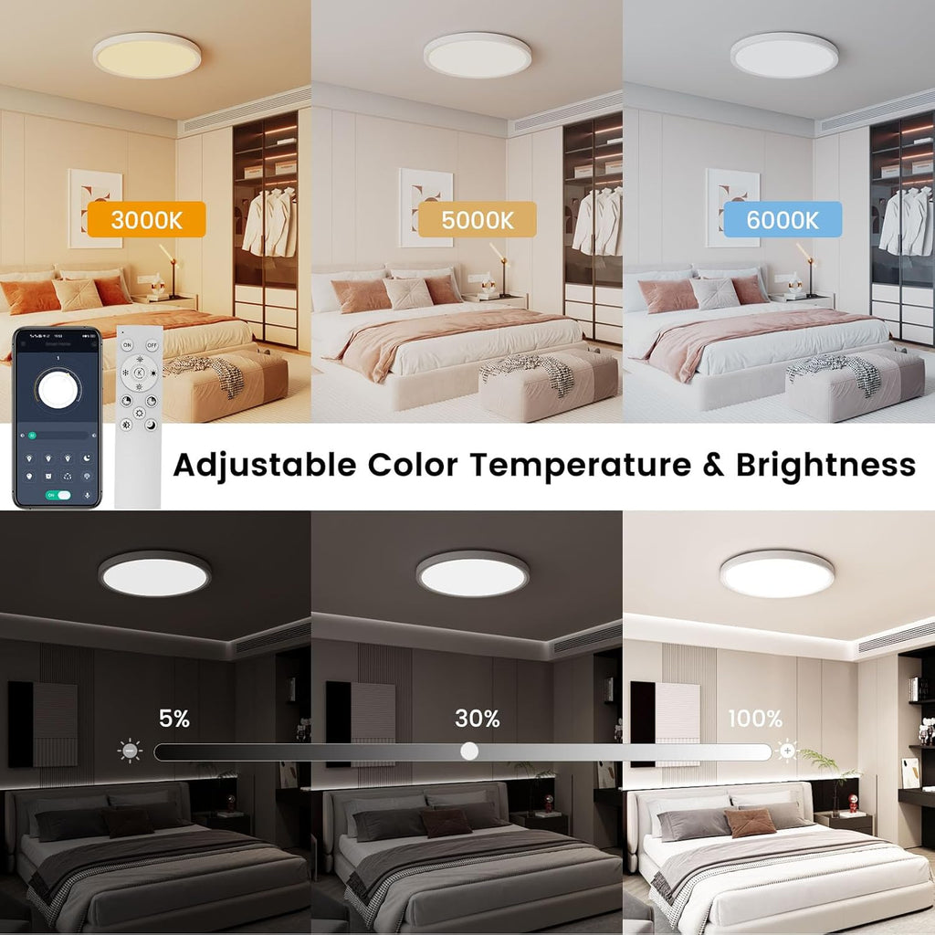 15.8in Flush Mount Ceiling Light Fixture with Remote Control,36W 2700K-6000K,Brightness Adjustable,Soft Nightlight,Support App Control,Ultra-Thin for Bedroom Kitchen Hallway Living Room