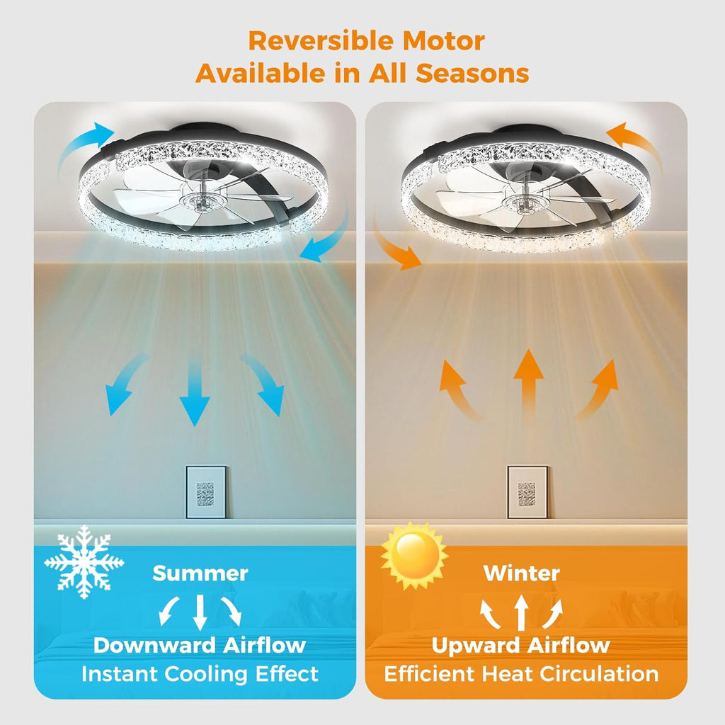 Ceiling Fans with Lights and Remote Low Profile Flush Mount LED Ceiling Fan with Lights 3000K-6500K Dimmable Foldable Fandelier Light 6 Wind Speeds Night Light for Bedroom Living Room Black