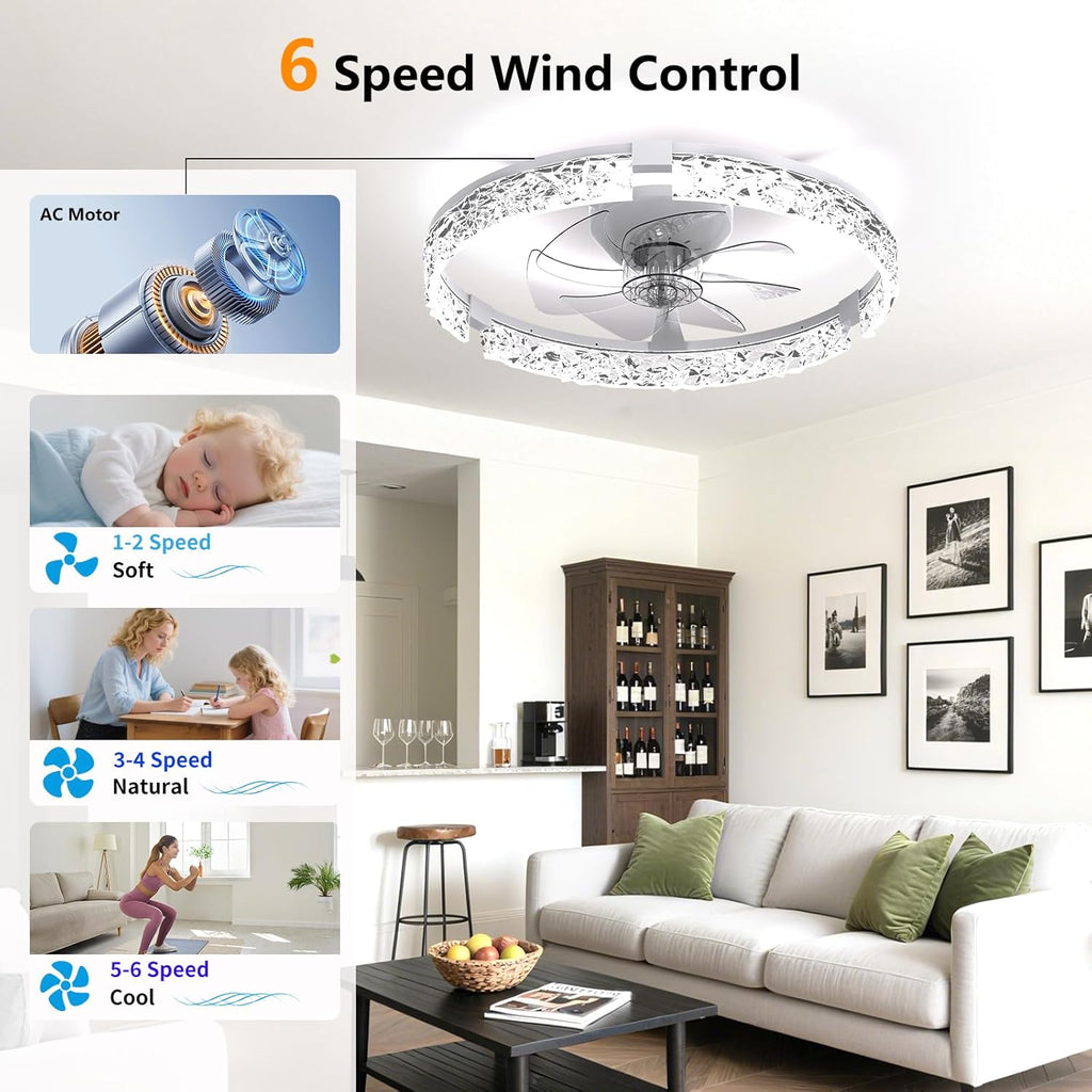 Ceiling Fans with Lights and Remote, Crystal-Edged Modern Flush Mount LED Fan Light, 6 Wind Speeds Low Profile Fandelier Ceiling Fan with Light for Bedroom, 3000-6500K Dimmable (19.7" White)