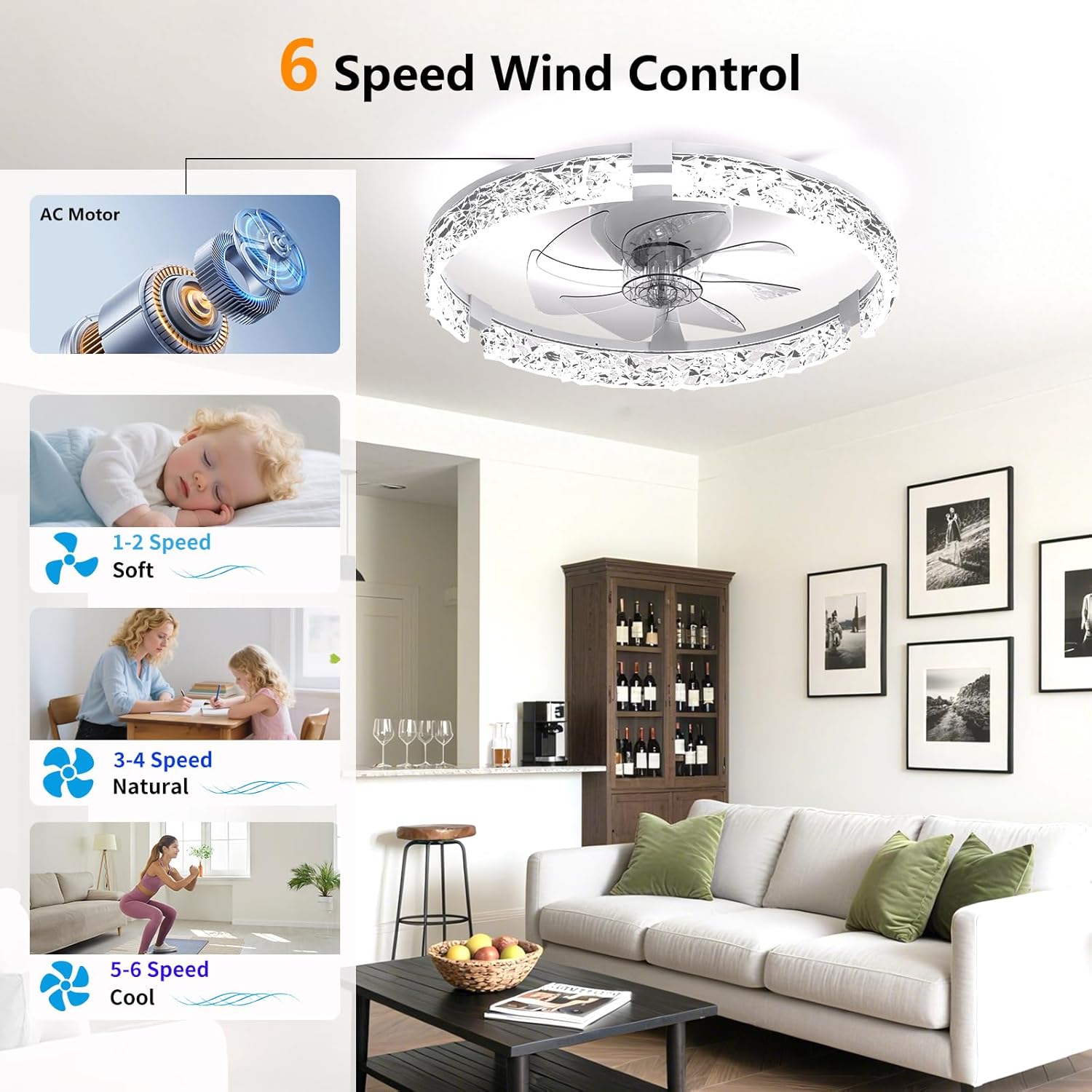 Ceiling Fans with Lights and Remote, Crystal-Edged Modern Flush Mount LED Fan Light, 6 Wind Speeds Low Profile Fandelier Ceiling Fan with Light for Bedroom, 3000-6500K Dimmable (19.7" White)