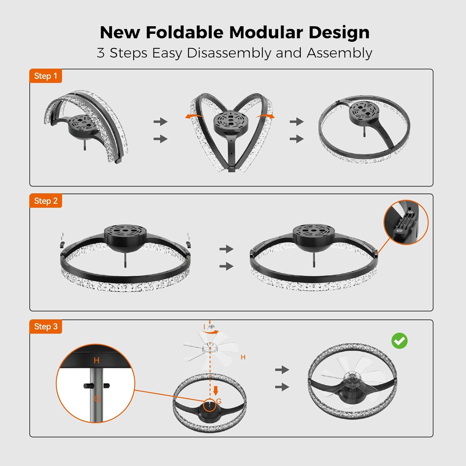 LED Ceiling Fans Foldable with Lights and Remote Flush Mount Ceiling Fan 3000-6500K Dimmable 6 Wind Speeds for Home Bedroom Kitchen Garage Shop Black-Crystal