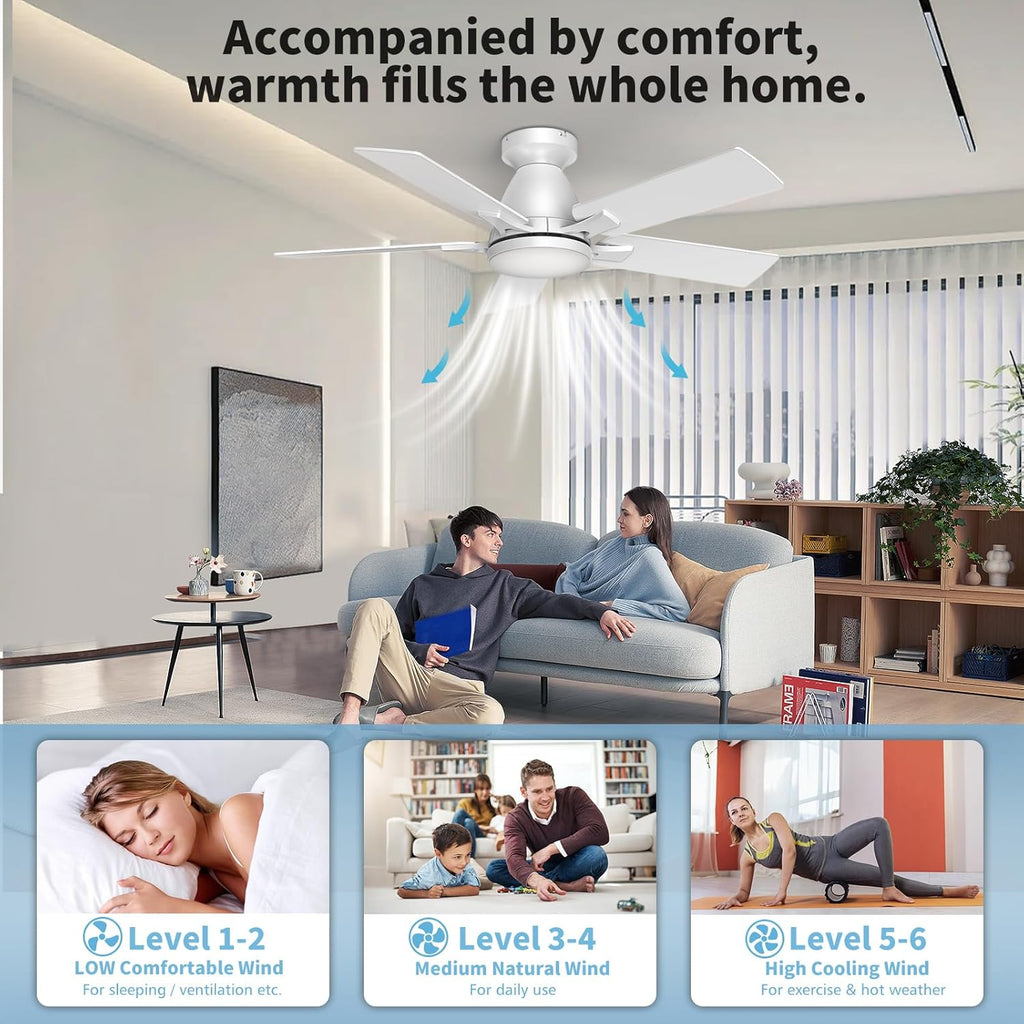 42 Inch Ceiling Fans with Lights and Remote Control, 6-Speed Quiet DC Motor, Reversible Blades, Dimmable LED Light (3CCT Adjustable), Modern Design for Bedroom, Living Room, Indoor Use - White