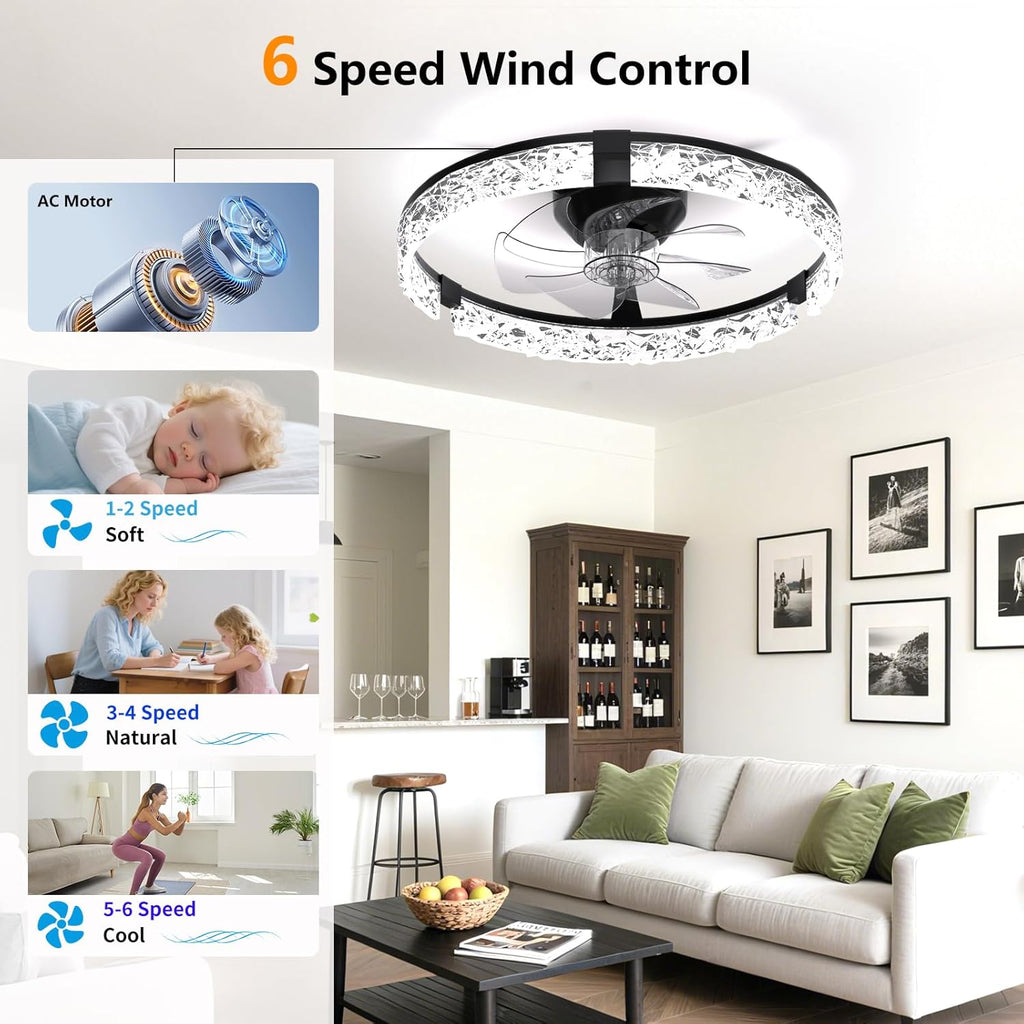 Ceiling Fans with Lights and Remote, Crystal-Edged Modern Flush Mount LED Fan Light, 6 Wind Speeds Low Profile Fandelier Ceiling Fan with Light for Bedroom, 3000-6500K Dimmable (19.7" Black)